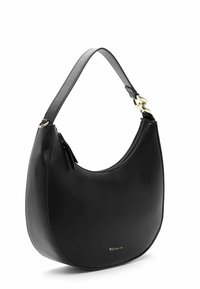 Černá syntetická kabelka přes rameno s kulatým tvarem, hladkým povrchem, zapínáním na zip a zlatým kovovým detailem.