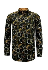 Zwarte lange mouwen shirt met een kettinglinkpatroon in goud en wit, met een button-down kraag en lichtbruine binnenvoering.