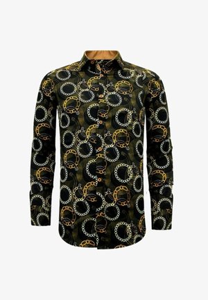 Zwarte lange mouwen shirt met een kettinglinkpatroon in goud en wit, met een button-down kraag en lichtbruine binnenvoering.