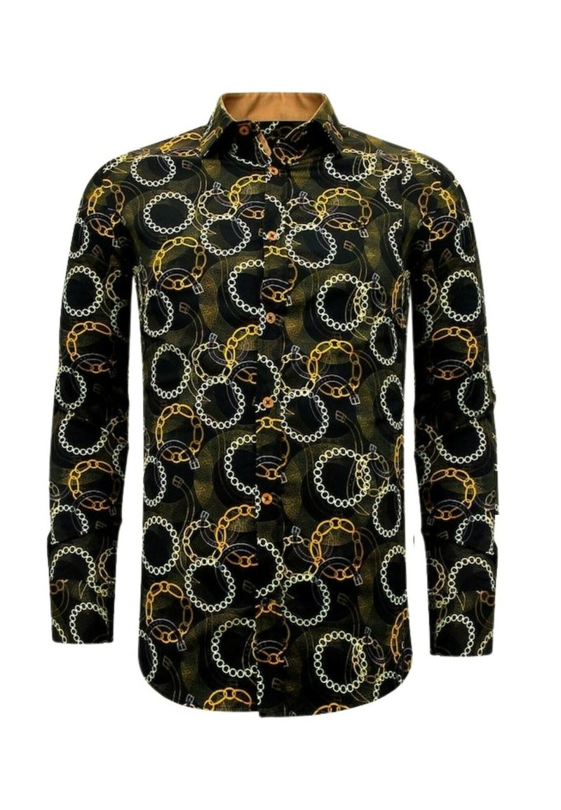Zwarte lange mouwen shirt met een kettinglinkpatroon in goud en wit, met een button-down kraag en lichtbruine binnenvoering.