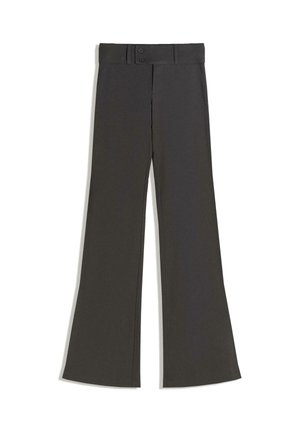 Flared trousers made of dark gray fabric, featuring a flat waistband with two buttons, smooth texture, and clean stitching.