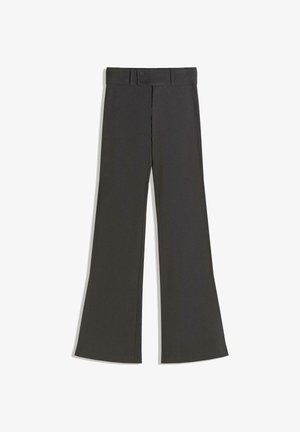 Pantaloni a zampa d'elefante realizzati in tessuto grigio scuro, con cintura piatta e due bottoni, texture liscia e cuciture precise.