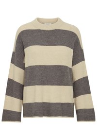 Pull rayé en crème et gris foncé, avec un col rond et des manches longues. Texture douce avec une coupe décontractée et un ourlet côtelé.