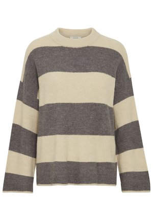 Stribet sweater i creme og mørkegrå, med rund halsudskæring og lange ærmer. Blød tekstur med en afslappet pasform og ribkant.