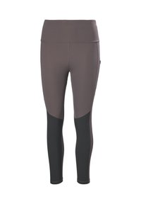 Hoge taille leggings gemaakt van stretchstof, met een bruine bovenkant en zwarte onderpanelen. Stijlvolle textuur met versterkte naden.