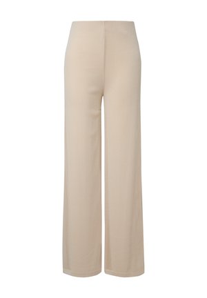 Beige wijde broek in een zachte, textuurstof met een hoge taille. Geen zichtbare zakken of versieringen, met een schone, eenvoudige stijl.