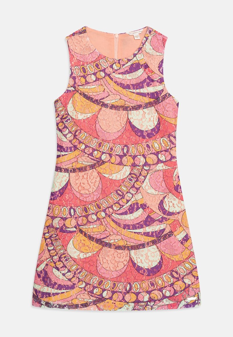 Sukienka bez rękawów w różowo-fioletowo-pomarańczowe wzory; posiada okrągły dekolt i zamek na plecach. Lekka, teksturowana tkanina.