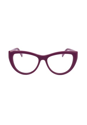 Montatura per occhiali in stile occhio di gatto viola con finitura lucida, mostrata frontalmente su sfondo bianco.