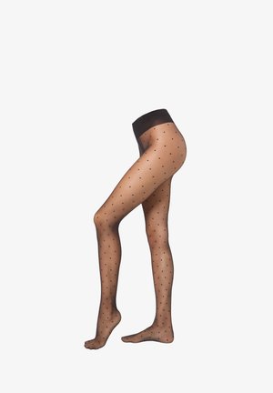 Schwarze Netzstrumpfhosen mit Pünktchenmuster, die eine durchsichtige Textur und einen festen Bund aufweisen, entworfen, um verschiedene Outfits zu ergänzen.