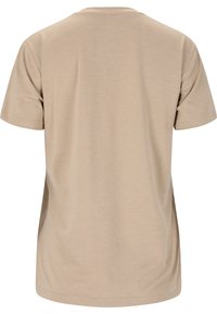 Beige t-shirt med kort ärm och rund halsringning, mjuk textur och avslappnad passform. Inga synliga mönster eller logotyper.