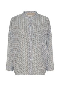 Langærmet skjorte med knapper, der har en lys baggrund med små, flerfarvede prikker i brun og blå. Blødt, let stof.