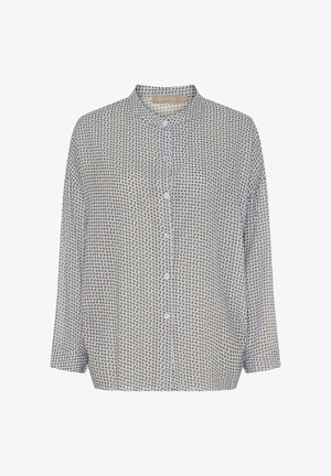 Langærmet skjorte med knapper, der har en lys baggrund med små, flerfarvede prikker i brun og blå. Blødt, let stof.