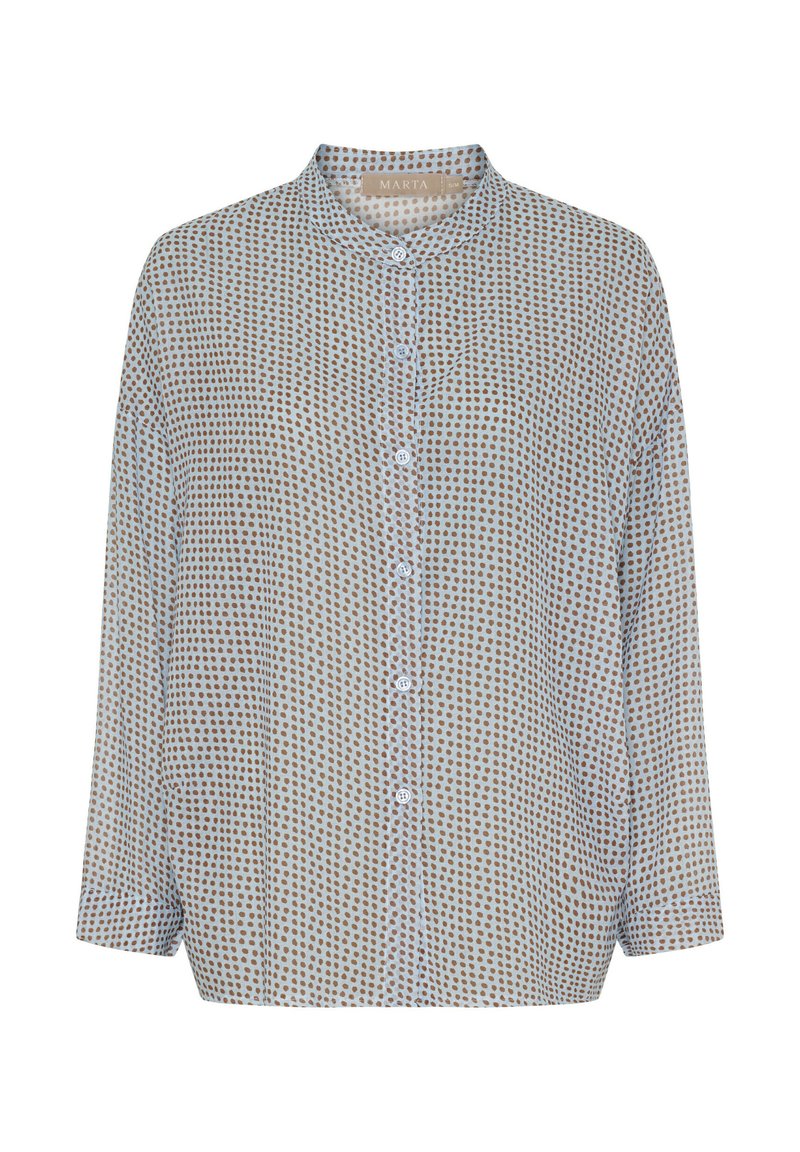Langærmet skjorte med knapper, der har en lys baggrund med små, flerfarvede prikker i brun og blå. Blødt, let stof.