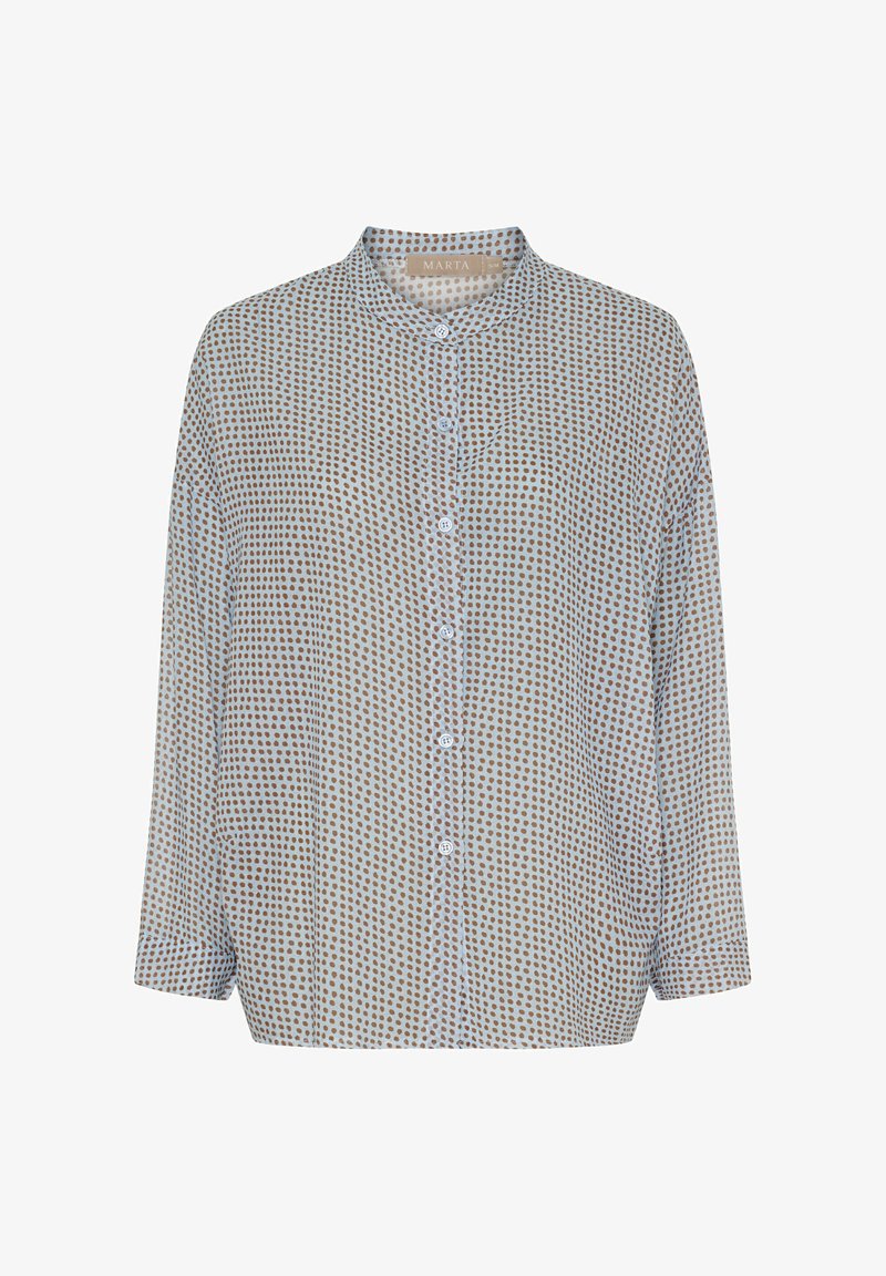 Langærmet skjorte med knapper, der har en lys baggrund med små, flerfarvede prikker i brun og blå. Blødt, let stof.