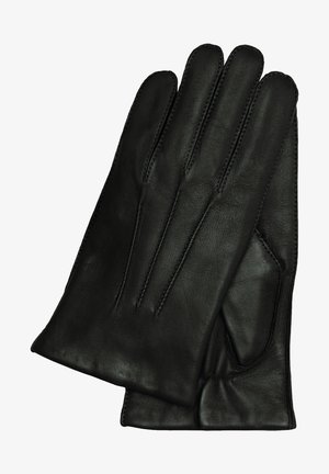 Gants en cuir noir avec une texture lisse, un design ajusté et des coutures décoratives le long des coutures et des doigts.