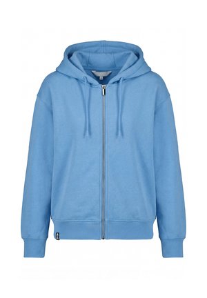 Light blue zip-up hoodie with drawstring hood, ribbed cuffs and hem, displayed on white background.