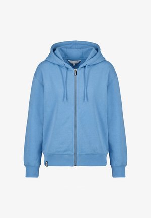 Lichtblauwe hoodie met ritssluiting, capuchon met verstelbare koordjes, geribde manchetten en zoom, weergegeven op een witte achtergrond.