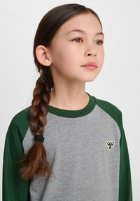 Grijze langwerpige shirt met groene raglanmouwen. Heeft een kleine geborduurde accent op de borst. Zacht katoenmateriaal.