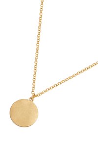 Kuldketi kaelakee sileda, ümmarguse kullast ripatsiga valgel taustal.