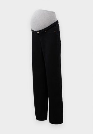 Maternity jeans in black denim feature a soft gray jersey panel for belly support, straight-leg design, and classic five-pocket styling.