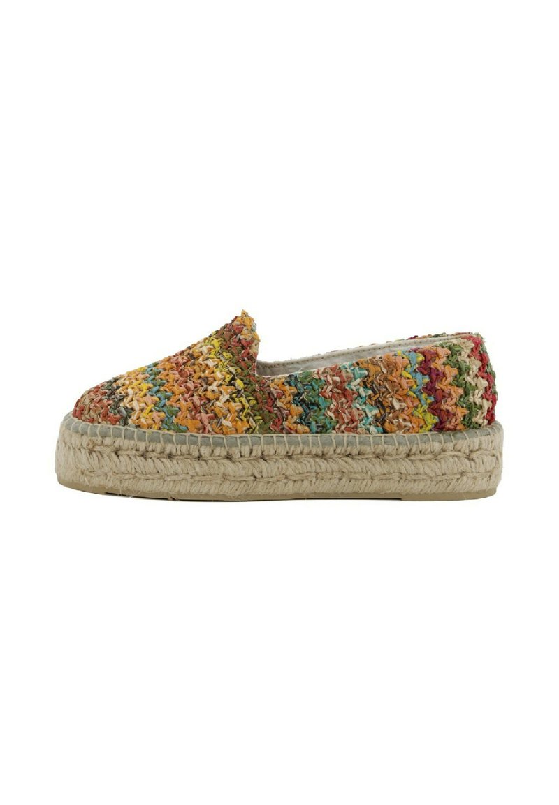 Espadrilla intrecciata in tonalità multicolori di arancione, verde e giallo con suola in juta. Design slip-on con punta arrotondata e finitura testurizzata.