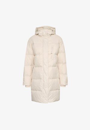 Cremfarbener Puffer-Jacke mit Kapuze, featuring einen Reißverschluss vorne, gerippten Bündchen und einer Brusttasche. Strukturiertes, gesteppte Design, knielang.