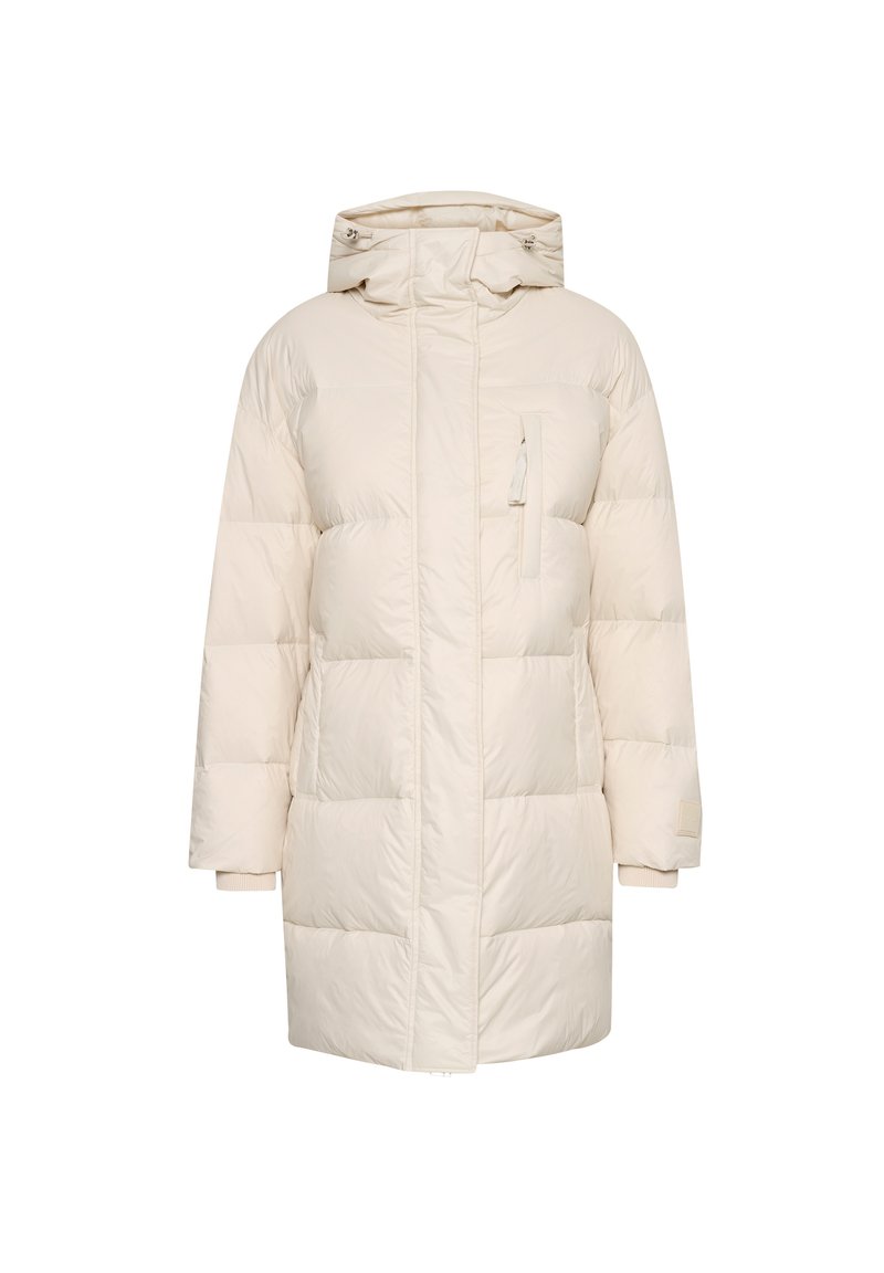 Kremowa kurtka puchowa z kapturem, z zamkiem błyskawicznym z przodu, prążkowanymi mankietami i kieszenią na piersi. Teksturowany, pikowany wzór, do kolan.