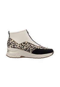 Leopard print ankle boot with beige textile upper, black suede accents, elastic side, and a chunky cream sole. Features a zip closure.