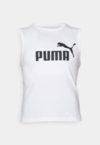 Hvit ermeløs topp laget av glatt stoff, med en stor svart "PUMA"-logo og et hoppende puma-illustrasjon på framsiden.