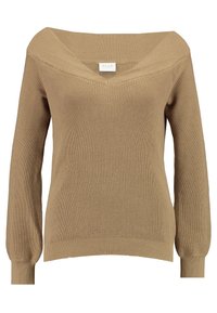 Beżowy sweter na jedno ramię z dzianiny o prążkowanej fakturze, długie rękawy i dekolt w kształcie litery V. Posiada prosty dół i dopasowane mankiety.