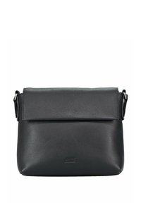 Borsa a tracolla in pelle nera con finitura testurizzata, forma rettangolare e chiusura con patta. Caratterizzata da cinghie regolabili e base rinforzata.