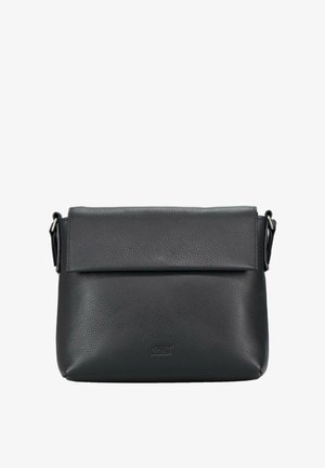 Borsa a tracolla in pelle nera con finitura testurizzata, forma rettangolare e chiusura con patta. Caratterizzata da cinghie regolabili e base rinforzata.