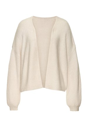 Cremfarbener Cardigan mit lockerer Passform, langen Ärmeln, offener Vorderseite, geripptem Saum und strukturiertem Strickstoff.
