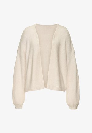 Cremfarbener Cardigan mit lockerer Passform, langen Ärmeln, offener Vorderseite, geripptem Saum und strukturiertem Strickstoff.