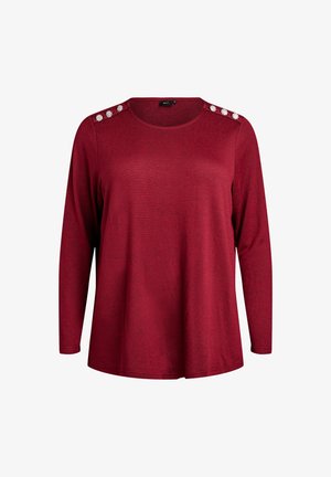 Bordeaux langslieve top met ronde halslijn, versierd met vier zilveren bloemenknopen op elke schouder.
