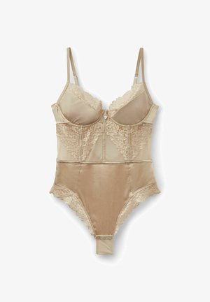 Beiger Body aus Spitze und Satin mit verstellbaren Trägern, Bügel-Cups, gewellten Kanten und Druckknopfverschluss im Schritt.