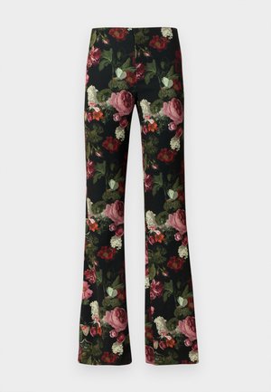 Leveälahkeiset housut, joissa musta tausta ja kirkas kukkakuosi vaaleanpunaisen, punaisen ja vihreän sävyissä. Silkkisen sileä kangaspinta.