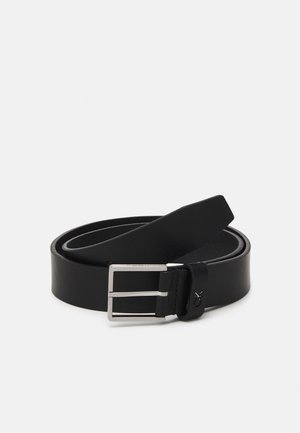 Black leather belt with a flat design, featuring a rectangular silver buckle and a visible brand logo near the buckle area.