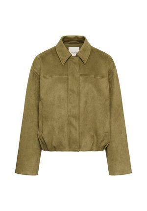 Olijfgroene suède jas met een puntkraag, verborgen sluiting aan de voorkant, lange mouwen, zijzakken en een elastische zoom.