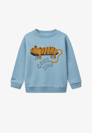 Felpa blu in cotone, con grafica di una tigre su uno skateboard e testo "COOL KIDS". Polsini e scollo a costine.
