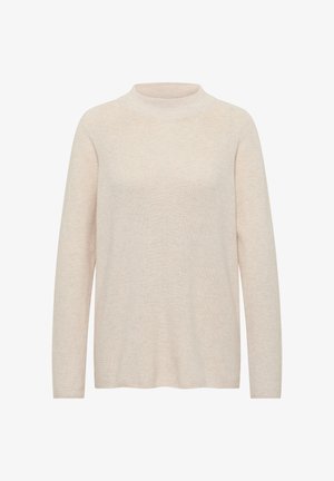 Sweter w kolorze kremowym z wysokim dekoltem, długimi rękawami, teksturowanym wzorem plecionki i luźnym krojem. Lekka i przewiewna tkanina.