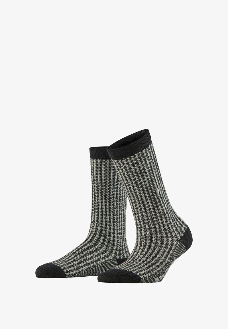Skarpetki w czarno-szary wzór z żeberkową teksturą, z wzmocnionym ciemnym palcem i mankietem, zaprojektowane z myślą o komforcie i trwałości.