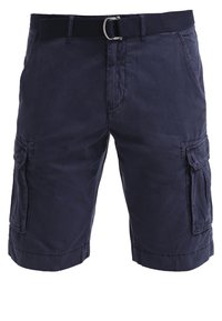 Shorts cargo bleu marine avec poches à rabat sur les côtés et ceinture en tissu noir avec boucle argentée.