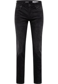 Jeans de mezclilla negra con un ajuste slim, que cuentan con pasadores para cinturón, cinco bolsillos y un cierre clásico de botón y cremallera. Textura suave.