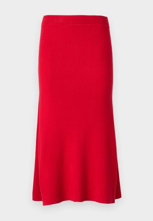 Red ribbed knit skirt with a fitted waist and flared hem. Smooth texture with a soft appearance. No visible patterns or hardware.