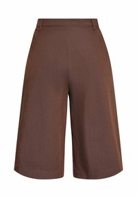 Brune culotter i glat stof med høj talje, bredt ben og rene kanter. Ingen synlige lommer eller metalbeslag.