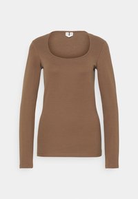 Långärmad topp i mjukt brunt tyg med fyrkantig halsringning och figurnära design, med en slät yta och minimala sömmar.