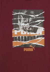 Bordeaux bomulds t-shirt med et grafisk tryk med en effekt af revet papir, afslørende billeder af en kat og brandnavnet "PUMA" i hvid og orange.