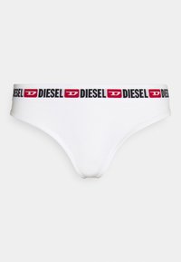Culotte en coton blanc avec une ceinture élastique noire et rouge arborant le logo "DIESEL" répété tout autour. Texture lisse et design minimaliste.
