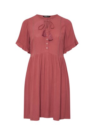 Kurzärmliges, rostfarbenes Kleid mit Rundhalsausschnitt, Knopfleiste und Stoffquastenakzenten. Der plissierte Rock sorgt für Textur.